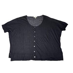Eileen Fisher Black Sheer Hemp Round Neck Short Sleeve Boxy Top Cardigan M